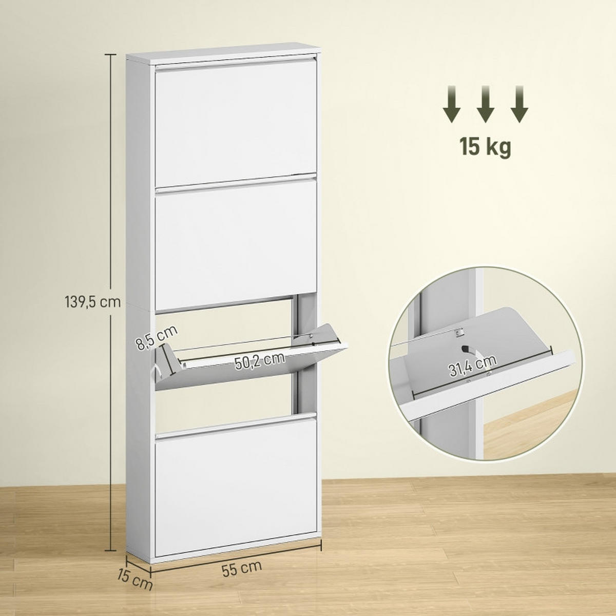 SCHUHSCHRANK 55/15/139,5 cm weiß aus Metall mit 4 Klappen - Weiß, Metall (55/139/15cm) - OKWISH