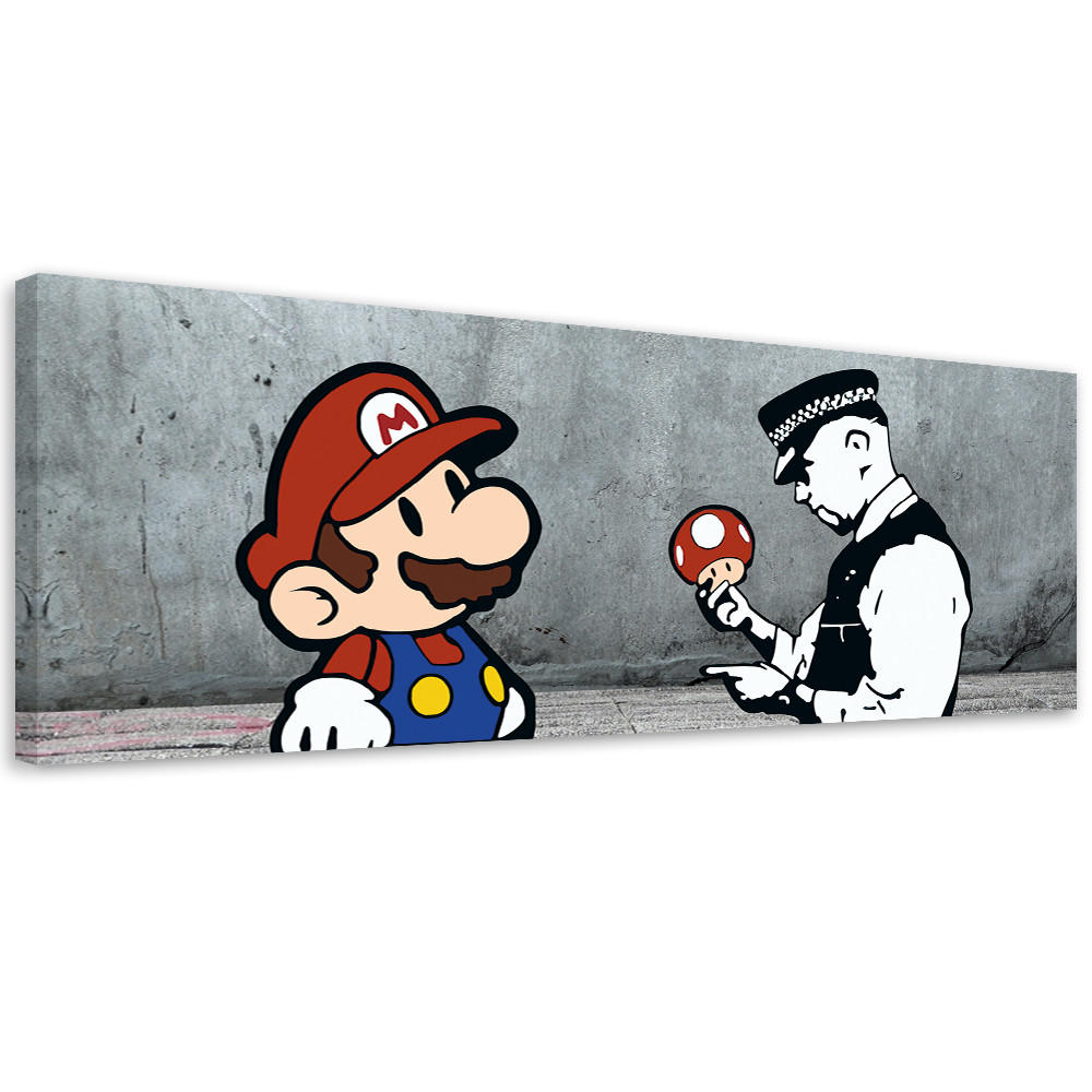 LEINWANDBILD, Banksy Mario und der Polizist 90x30cm - Grau, Textil (90/30cm) - Feeby