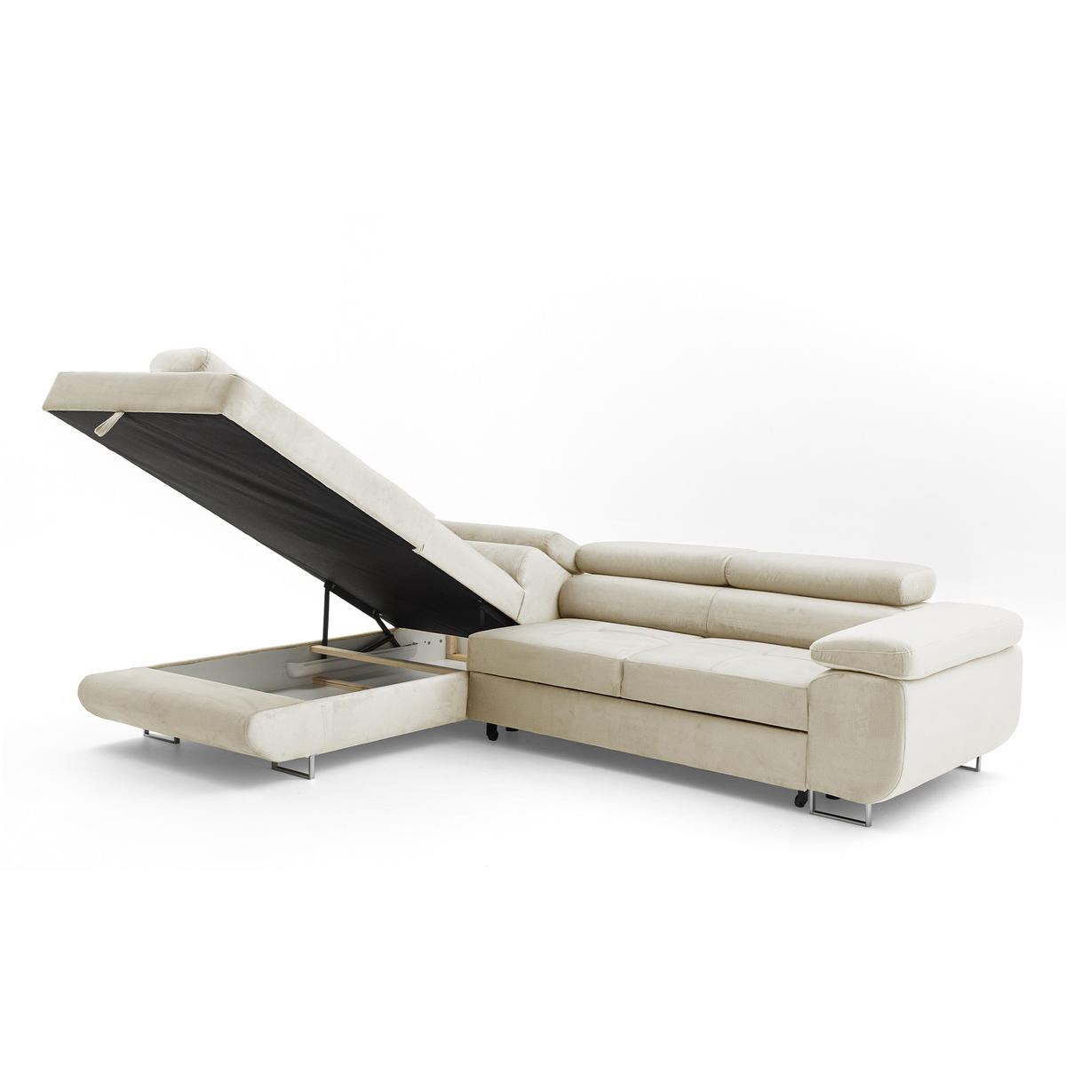 ECKSOFA WILD L Links mit Schlaffunktion 127x195 Velours Beige - Chromfarben/Beige, Holz/Textil (203/274cm) - Muffo
