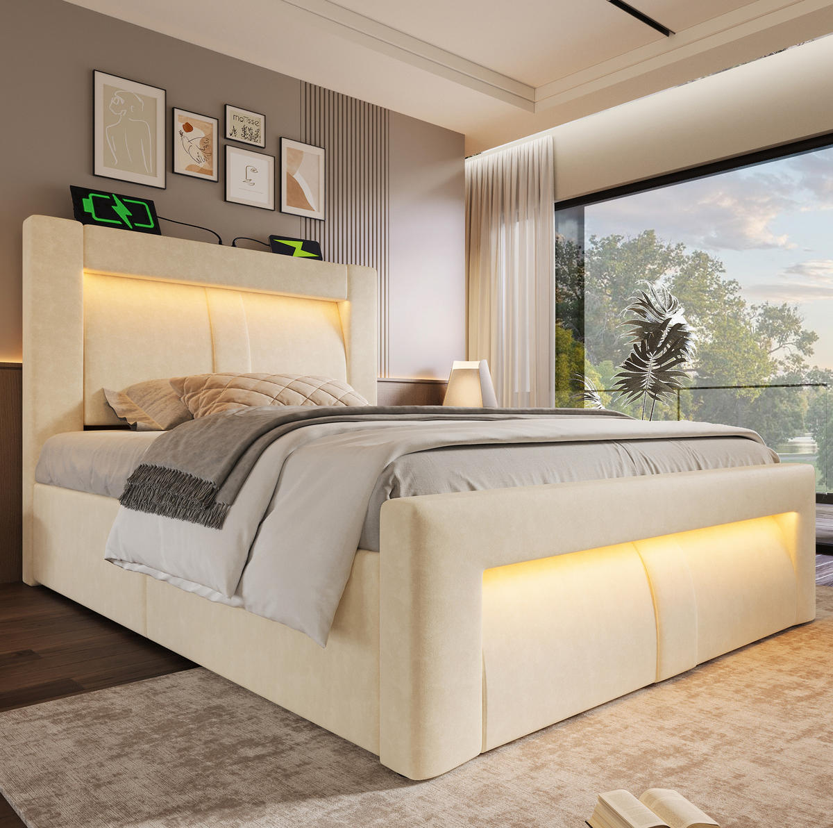 BETT mit Stauraum 90x200 cm Samt Beige inkl. Matratze - Beige, Metall (90/200cm) - Meubliv