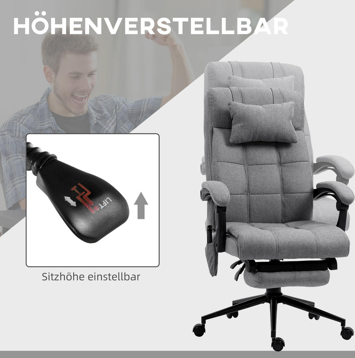 BÜROSTUHL in Grau 76x66x120 cm mit Massage, Lendenheizung und Fußstütze - Grau, Metall (66/120/76cm) - IVMEU
