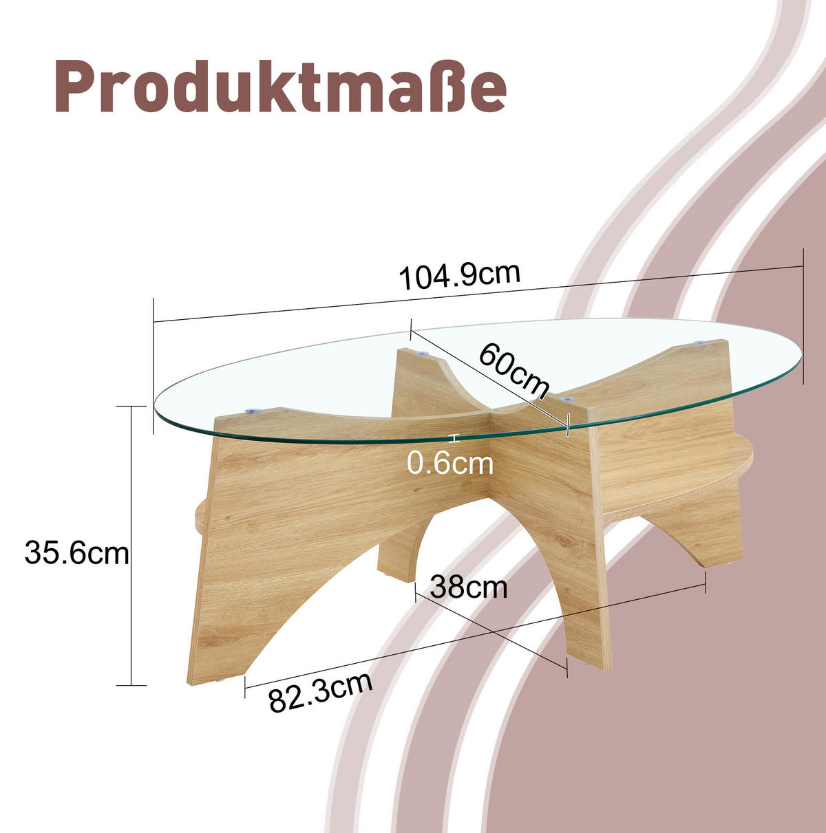 COUCHTISCH 104.9/60 cm Transparent/Holz aus MDF und Sicherheitsglas mit Ablage - Transparent, Glas (104.9/60/35.6cm) - OKMYHOME