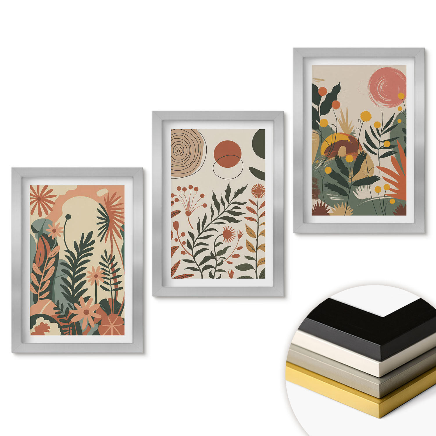 WANDBILDER 3er Set - 20x30 cm Silberner Rahmen - Vintage-Pflanzenmuster in Pastellfarben - Silberfarben, Kunststoff (20/30cm) - ArtPrintCave