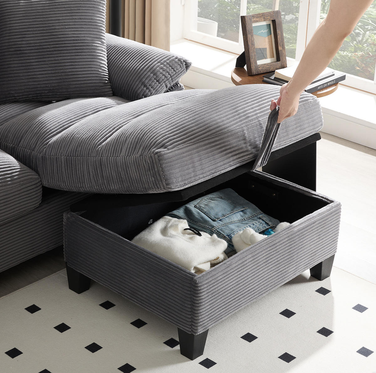 WOHNLANDSCHAFT aus Cord 293x142x93 cm in Grau mit USB-Anschlüssen & Stauraum - Grau, Textil (142/93/293cm) - Modfu