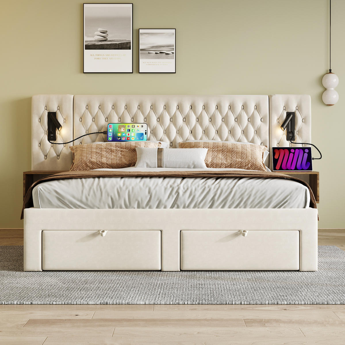 POLNJENA postelja iz žameta 160x200 cm bež z 2 nočnima omaricama, 4 predali, bralno lučko in USB/Type C polnjenjem - bež, tekstil (160/200cm) - Modfu