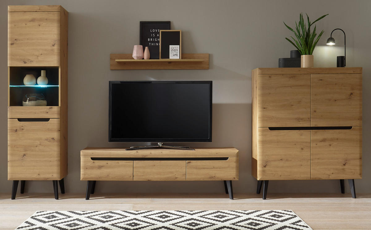 WOHNWAND Artisan Eiche schwarz, Wohnkombination 4-teilig skandinavisch, 360 x 197 cm - Eiche Artisan, Holzwerkstoff (360/197/40cm) - Furn.Design