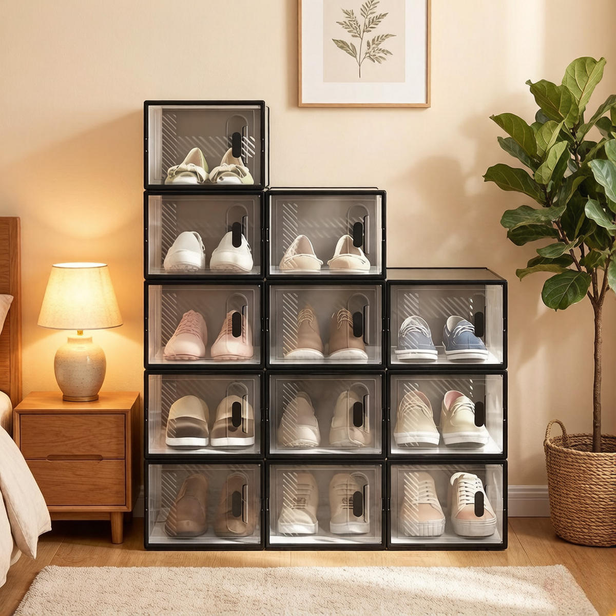 SCHUHBOX-SET Schwarz & Transparent 12er-Set 50/35,5/111,5 cm - Schwarz, Kunststoff (50/111.5/35.5cm) - PANGIVO