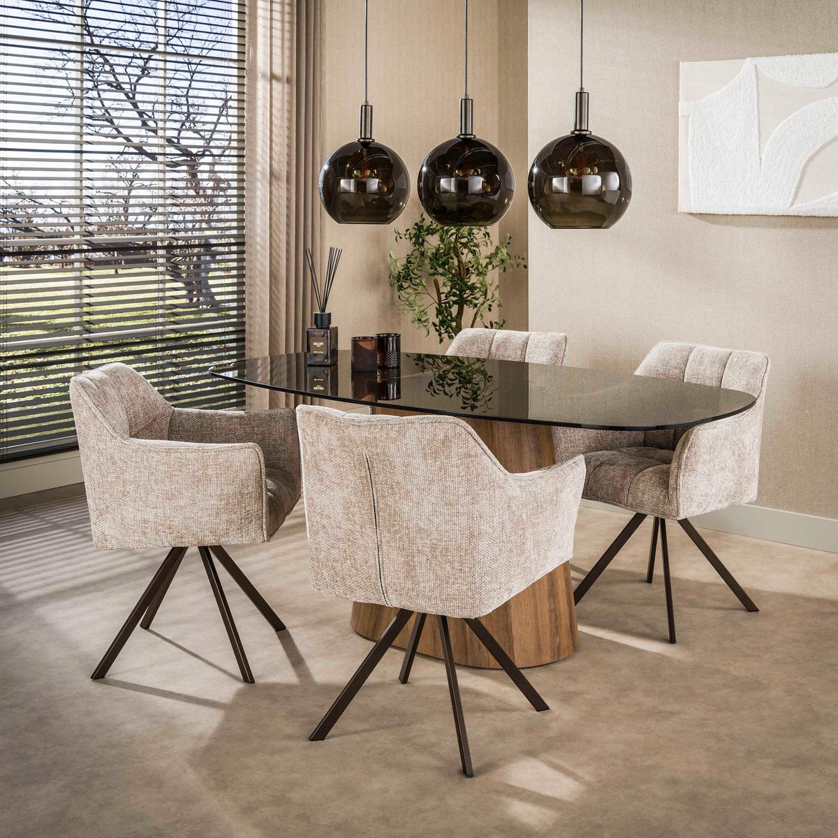 ESSTISCH TINTO CENTRO GRANDE Dänisch-Ovaler Säulentisch mit Rauchglas & Eichenoptik - Schwarz, Glas (180/90/76cm) - alesvelt
