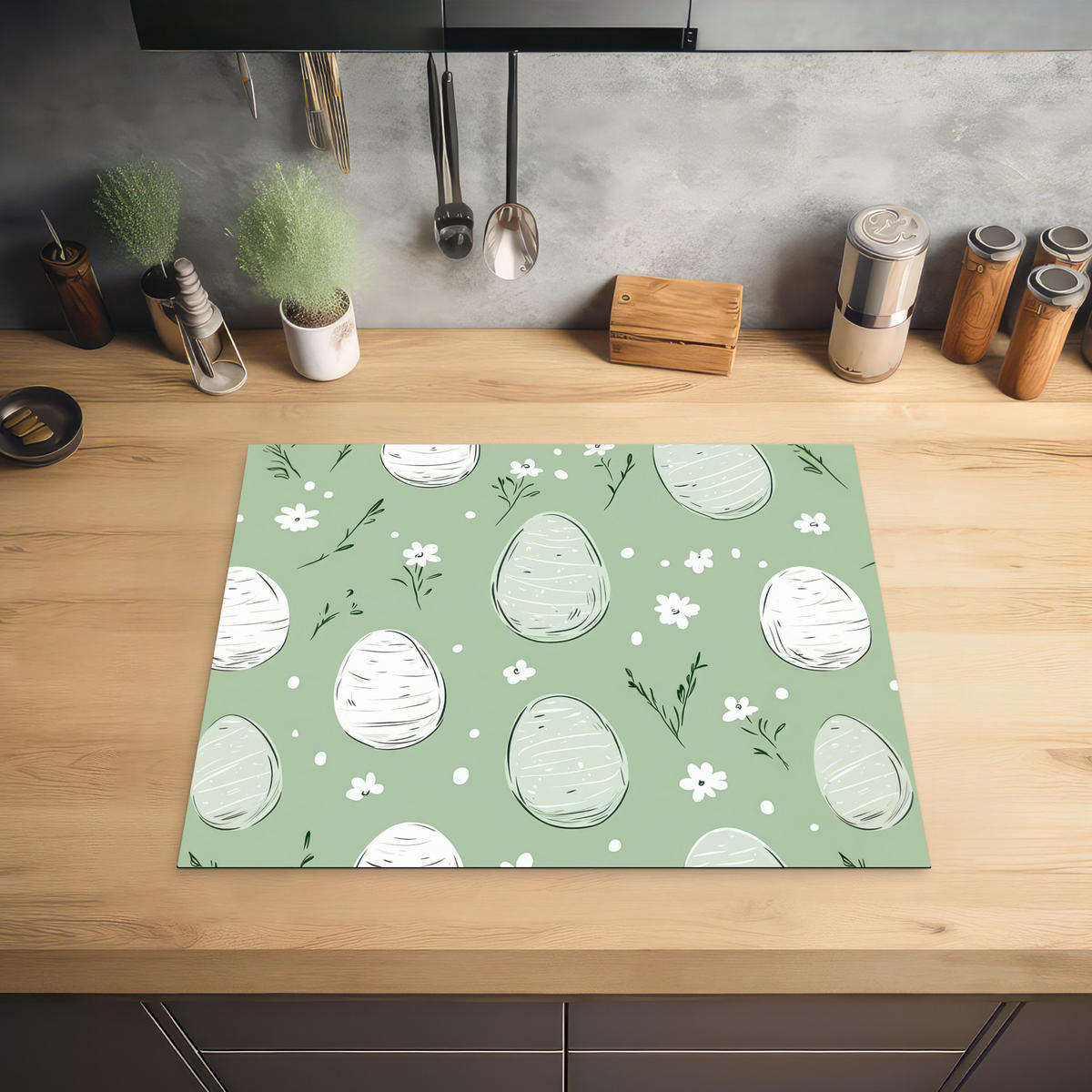 HERDABDECKPLATTE Grün - Eier - Muster Herdabdeckung Induktionsfeld 65x52 cm - Waldgrün, Kunststoff (65/52/0.2cm) - MuchoWow