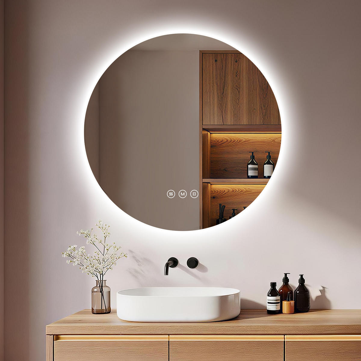 BADEZIMMERSPIEGEL 70 cm rund mit LED-Beleuchtung, dimmbar und Antibeschlag - Transparent, Glas (70/70/3.5cm) - S'AFIELINA
