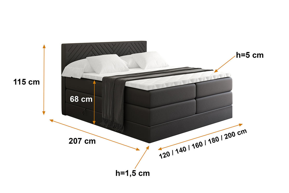 BOXSPRINGBETT mit Matratze H3|H4 und Lattenrost - VEXA KING-160x200 - Schwarz - Schwarz, Holzwerkstoff (160/200cm) - ALTDECOR