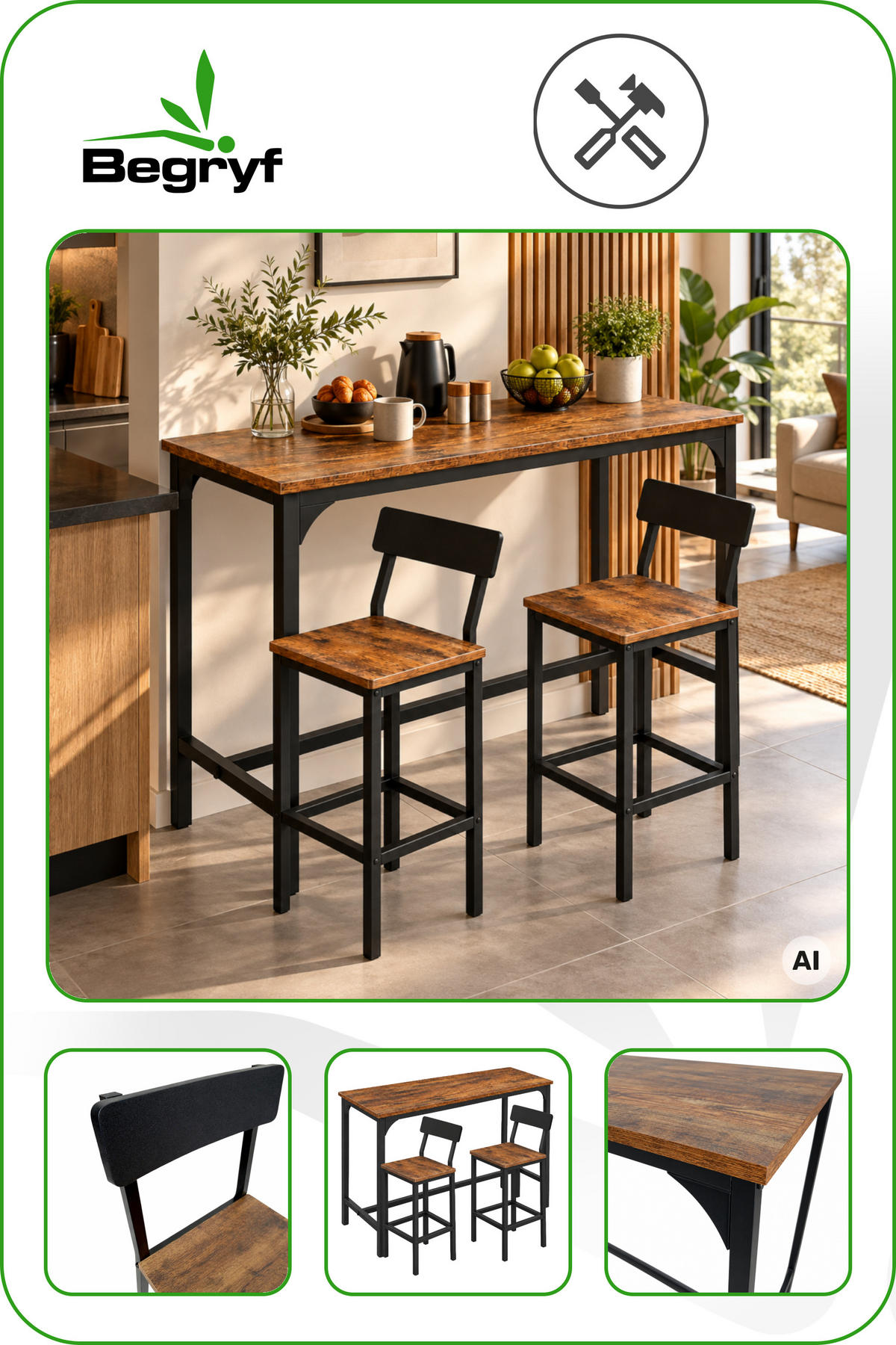 BARTISCH mit 2 Barstühlen mit Rückenlehne 3-teiliges Set Industrial Rustikal Braun Schwarz 108x50x90 cm - Dunkelbraun/Schwarz, Holzwerkstoff/Metall (108/90/50cm) - Begryf