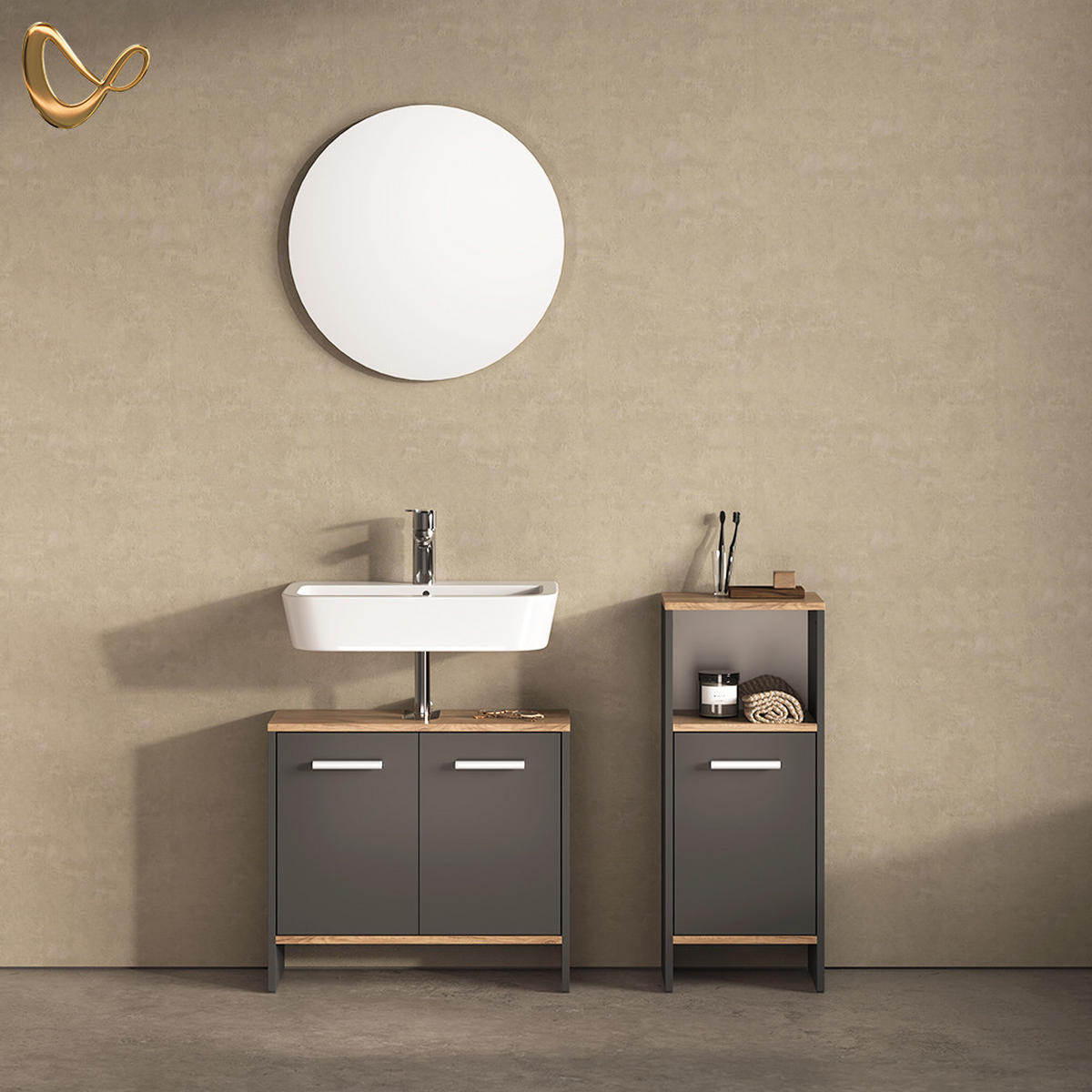 BADEZIMMERMÖBEL-SET Amalfi Anthrazit/Goldkraft Eiche 2 Teile - Honigeiche/Anthrazit, Holzwerkstoff (63.8/57/26.3cm) - Livinity®