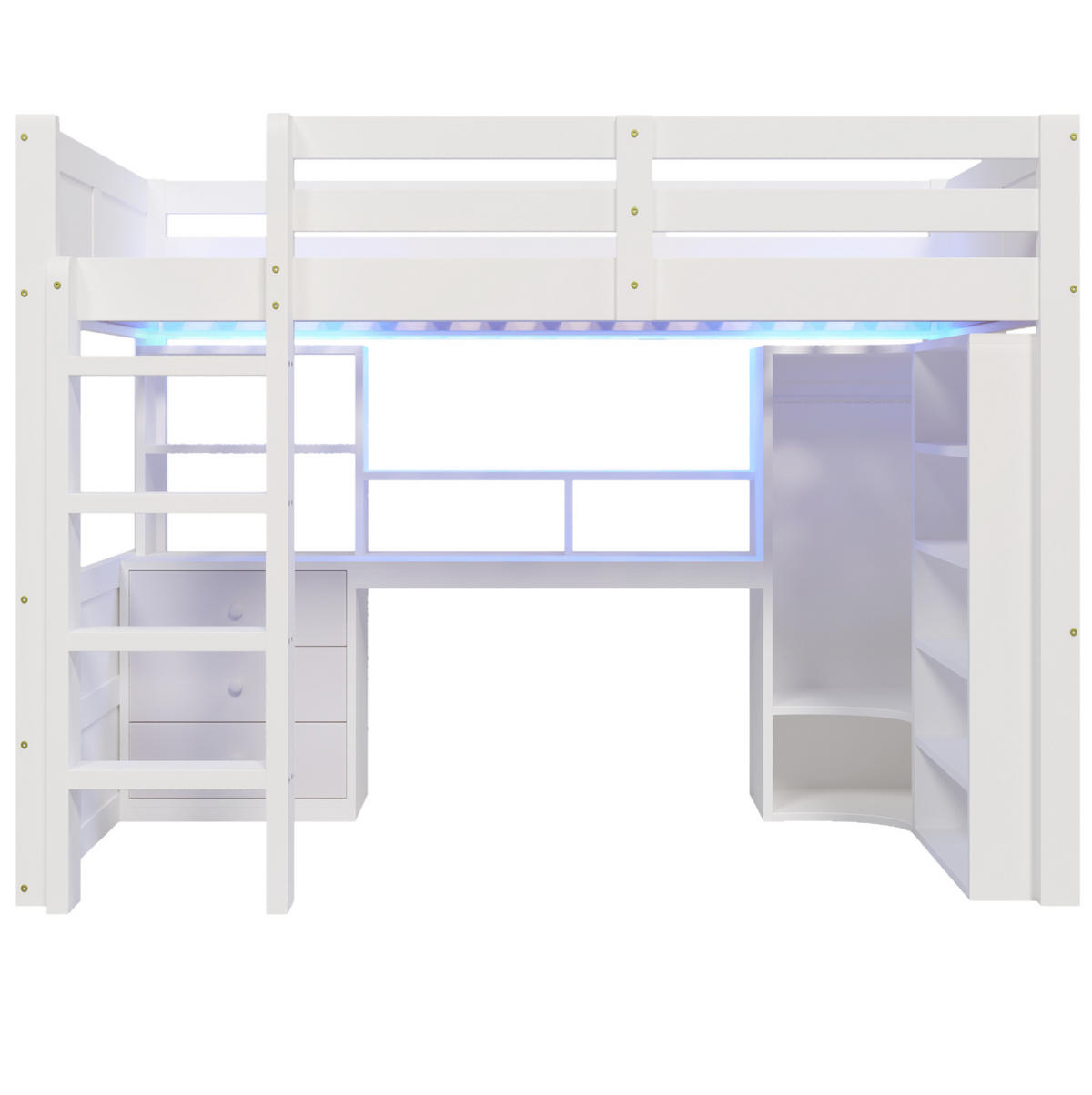 HOCHBETT mit LED-Leuchtleiste, Schreibtisch und Kleiderschrank, 140/200 cm, Weiß - Weiß, Holz (140/200cm) - MIVRAY