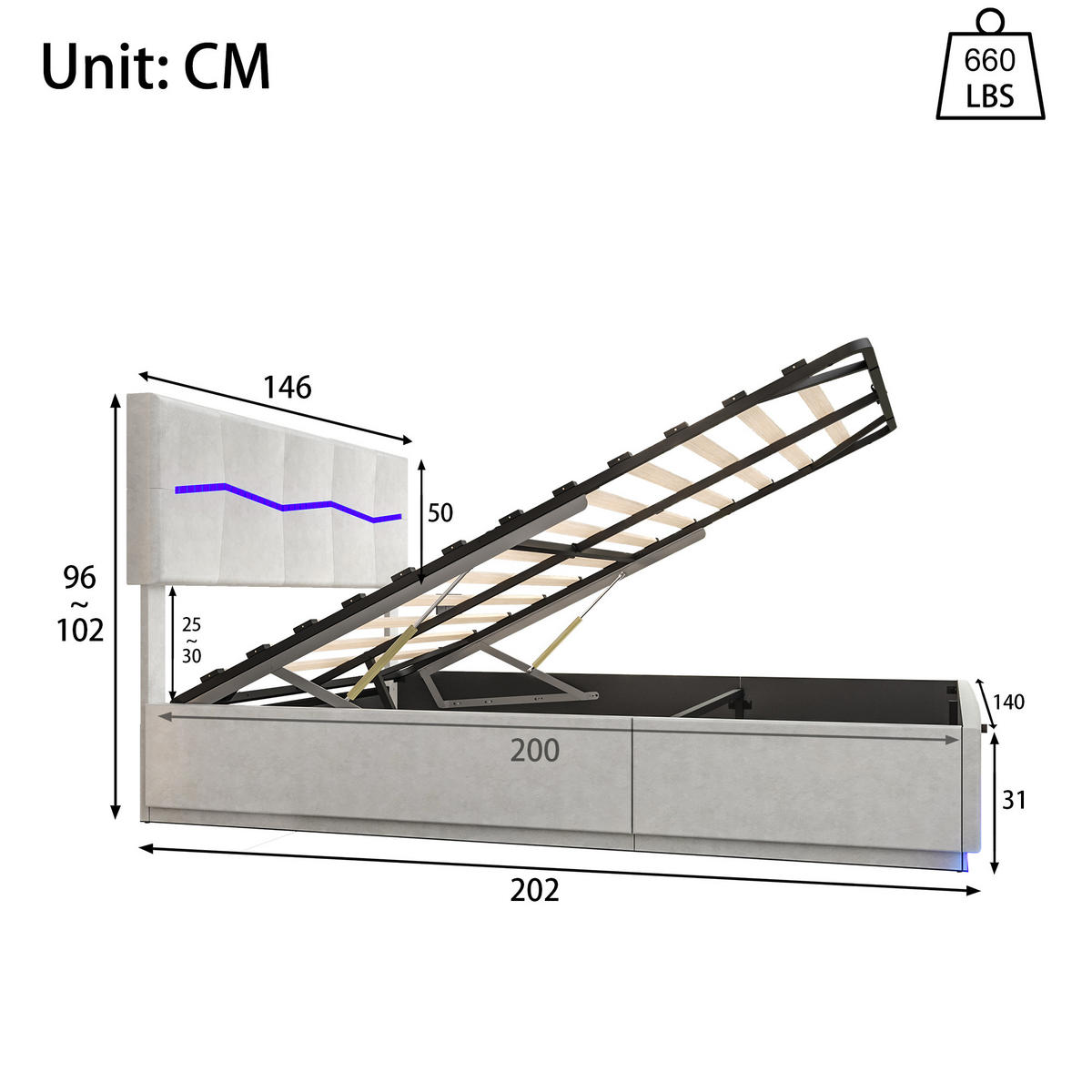 POLSTERBETT 140x200 cm, Beige, mit LED & USB-Typ-C-Ladeanschluss - Beige, Textil/Metall (140/200cm)