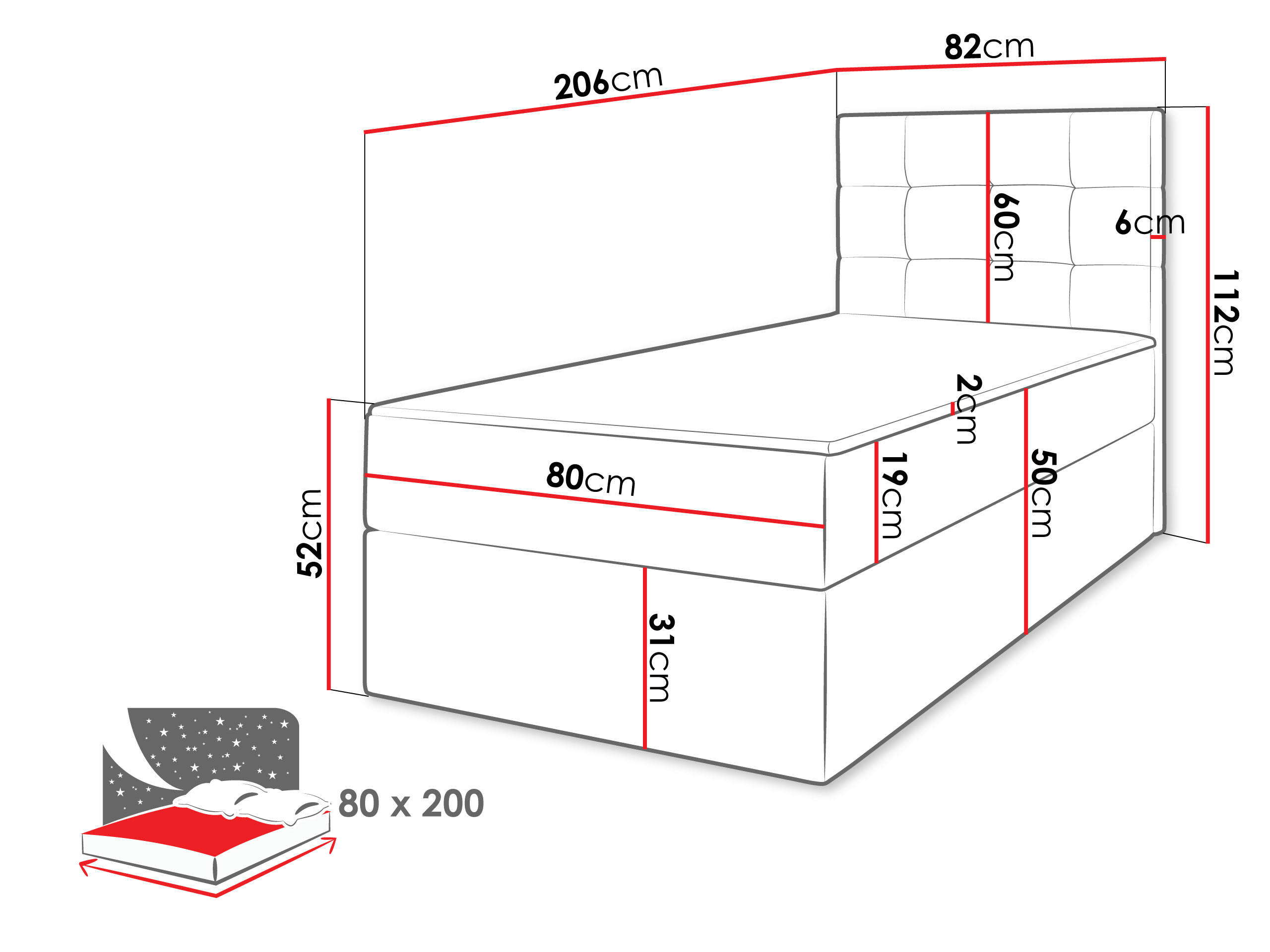 Thumbnail - Mirjan24 Boxbett, Weiß, Textil, H3, Höhe ca. 19 cm, Rechteckig, 80x200 cm, Schlafzimmer, Betten, Boxspringbetten
