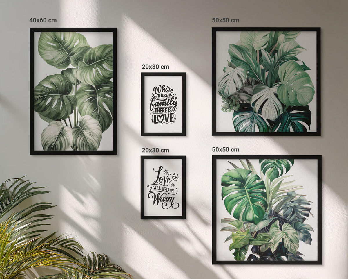WANDBILDER 5er-Set - 50x50 cm & 20x30 cm & 40x60 cm Schwarzer Rahmen - Gemalte Abstraktionen der Natur - Schwarz, Kunststoff (40/60cm) - ArtPrintCave