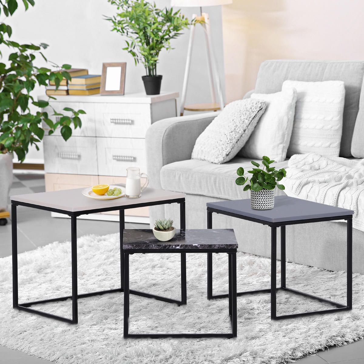 COUCHTISCH-SET, MDF, Weiß+Grau+Schwarz - Weiß, Kunststoff (55/40/45cm) - HOMCOM