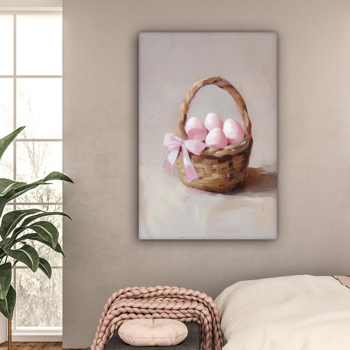 LEINWANDBILD Korb - Eier - Rosa Deko Groß 90x140 cm - Beige, Textil (90/140cm) - MuchoWow