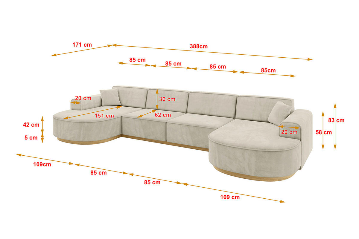 WOHNLANDSCHAFT MARI-U2-v2 - 388x171x83 cm Ecru Velours - Ecru, Holzwerkstoff/Textil (388/83/171cm) - ALTDECOR