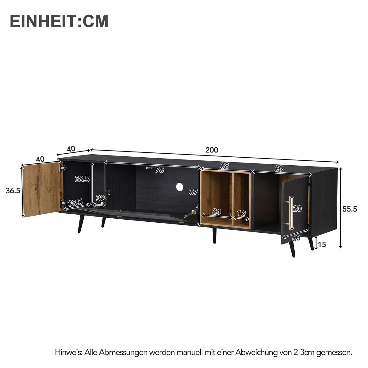 TV-MÖBEL Schwarz und Grau 200/40/55,5 cm - Schwarz, Holz (40/55.5/200cm) - Urban Meuble