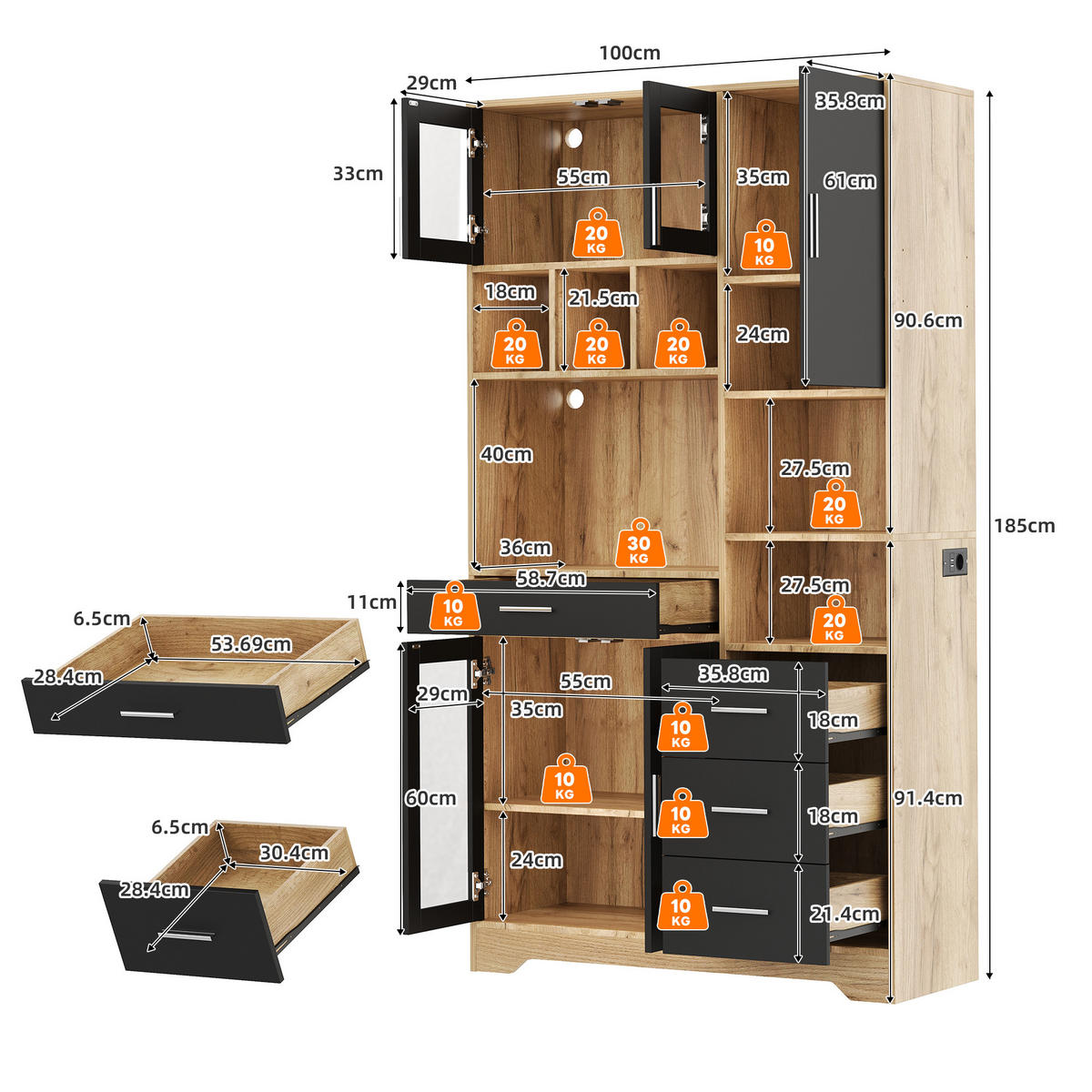 BUFFETSCHRANK 40/100/185 cm schwarz/natur aus MDF mit LED - Schwarz, Holzwerkstoff (100/185/40cm) - OKWISH