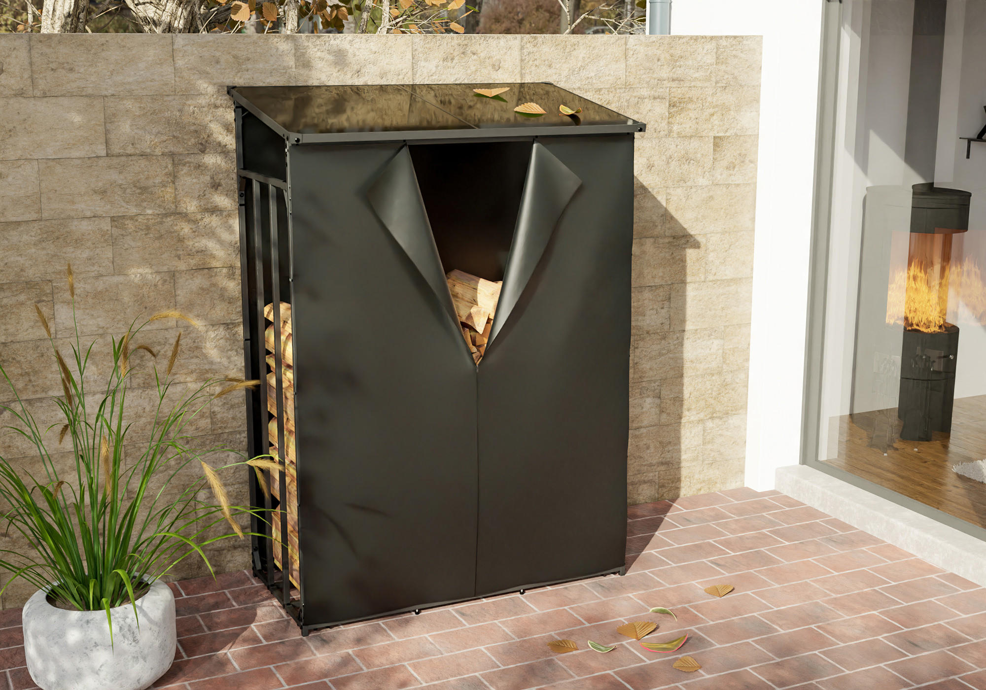 KAMINHOLZREGAL 130/70/185 cm Metall anthrazit - Anthrazit/Schwarz, Metall (130/185/70cm) - CLP