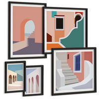 BILDER SET 5er Set - 50x50 cm & 20x30 cm & 40x60 cm Schwarzer Rahmen - Minimalistische Pastellgrafiken - Schwarz, Kunststoff (40/60cm) - TULUP
