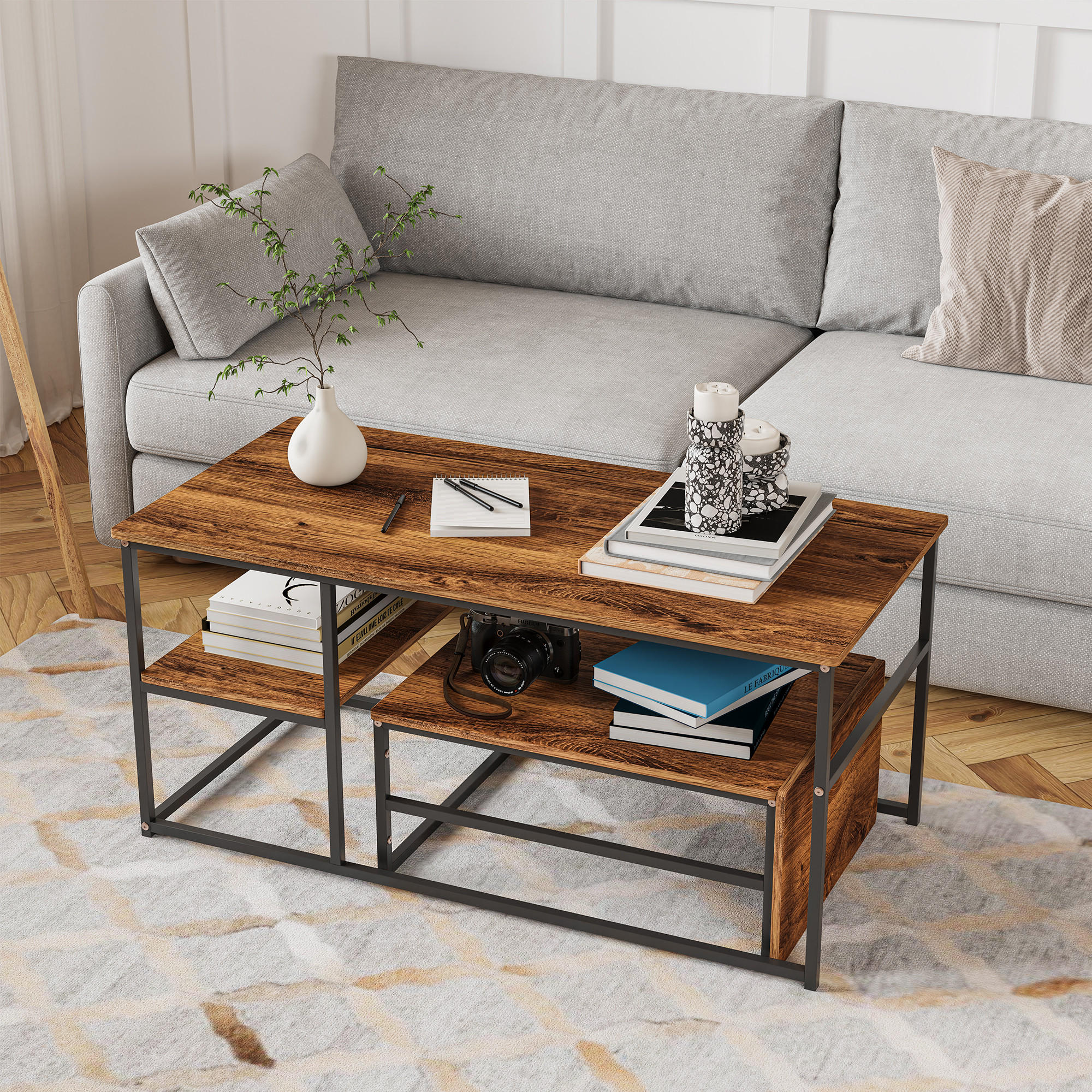 2ER SET COUCHTISCH Holzoptik - Braun, Metall (105/52/48.5cm)