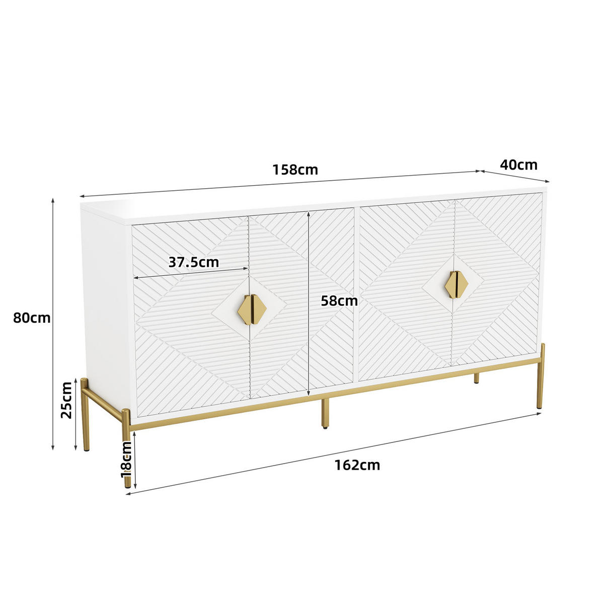 SIDEBOARD 162/40/80 cm, 4 Türen, Weiß mit geometrischem 3D-Muster, goldene Griffe und Metallbeine, Weiß - Weiß, Holzwerkstoff (162/80/40cm) - Redom