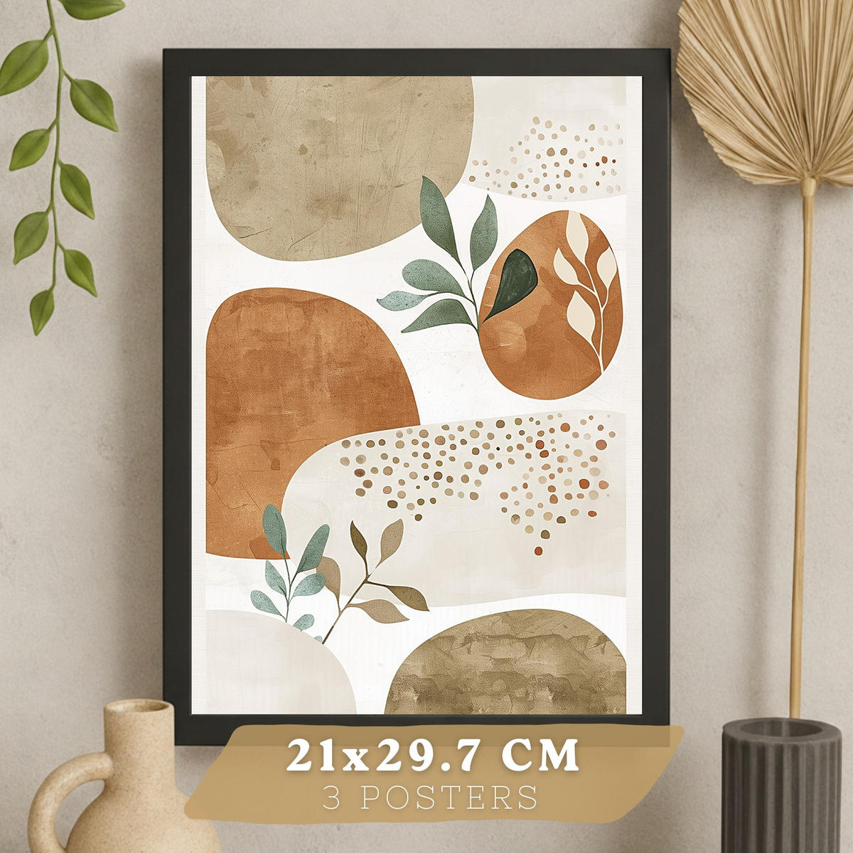 PLAKAT Sada 3 Abstraktní kameny A3 Černý rám - černá, papír (29.7/1/42cm) - Nacnic