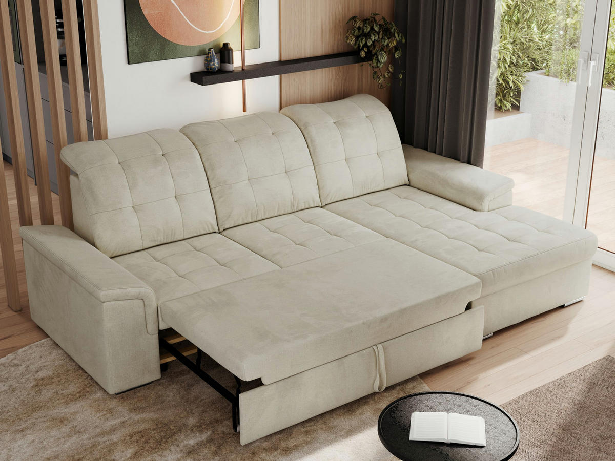 ECKSOFA MADRITO L - Beige Velorus - Rechts - Beige/Silberfarben, Textil/Metall (256/160cm)