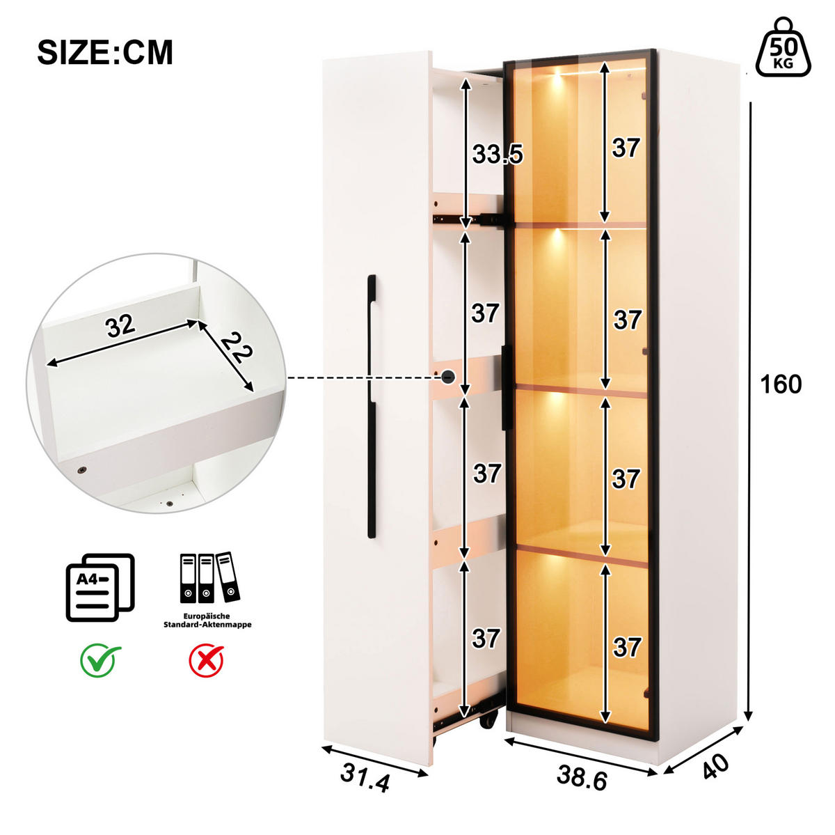 VITRINE aus MDF 70x40x160 cm Weiß mit LED-Beleuchtung, ausziehbarem Bücherregal und Rollen - Weiß, Holzwerkstoff (70/160/40cm) - IVMEU
