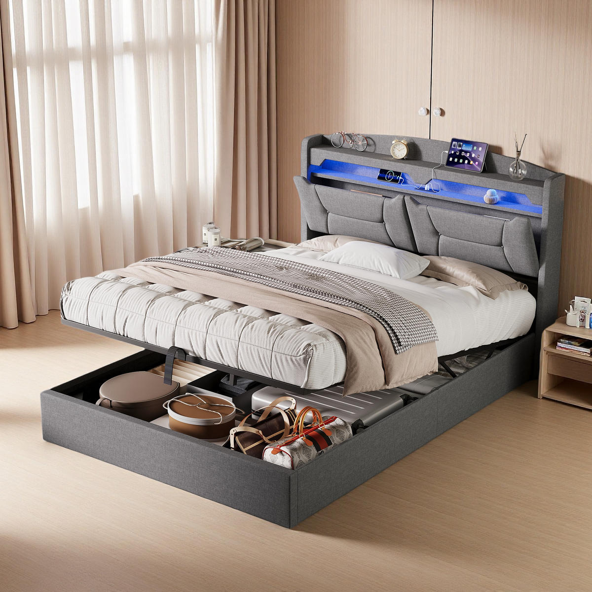 POLSTERBETT 140x190 cm Hellgrau Leinen LED USB Kopfteil Bettkasten - Grau, Holz (140/190cm) - SHOPENTRA