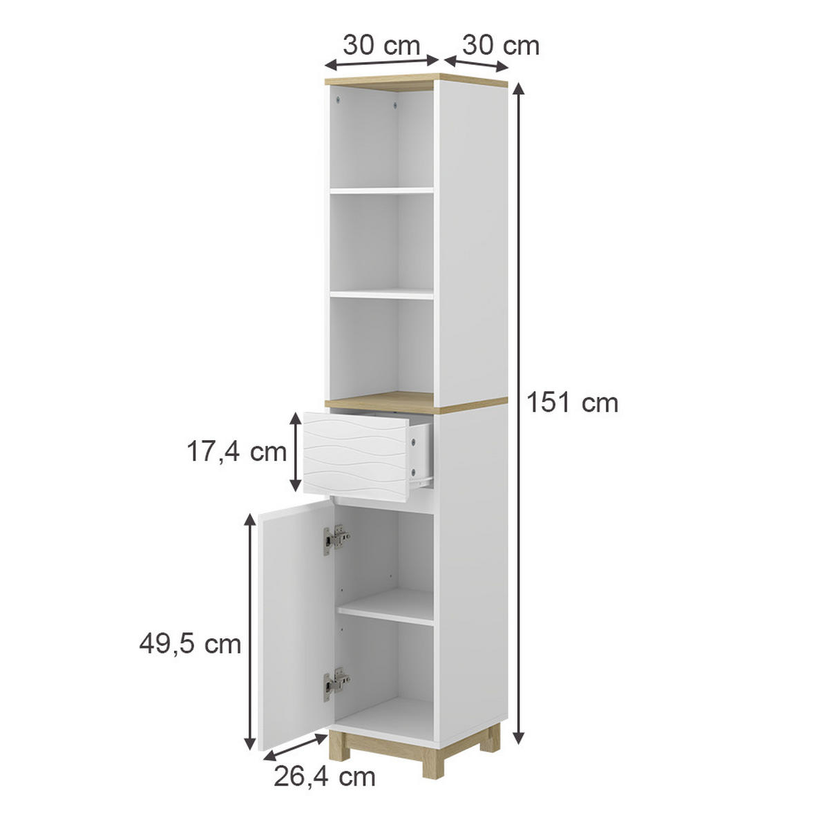 BADEZIMMERMÖBEL Livia Weiß 30 x 151 cm mit Schubladen - Weiß/Naturfarben, Holzwerkstoff (30/151/30cm) - Vicco