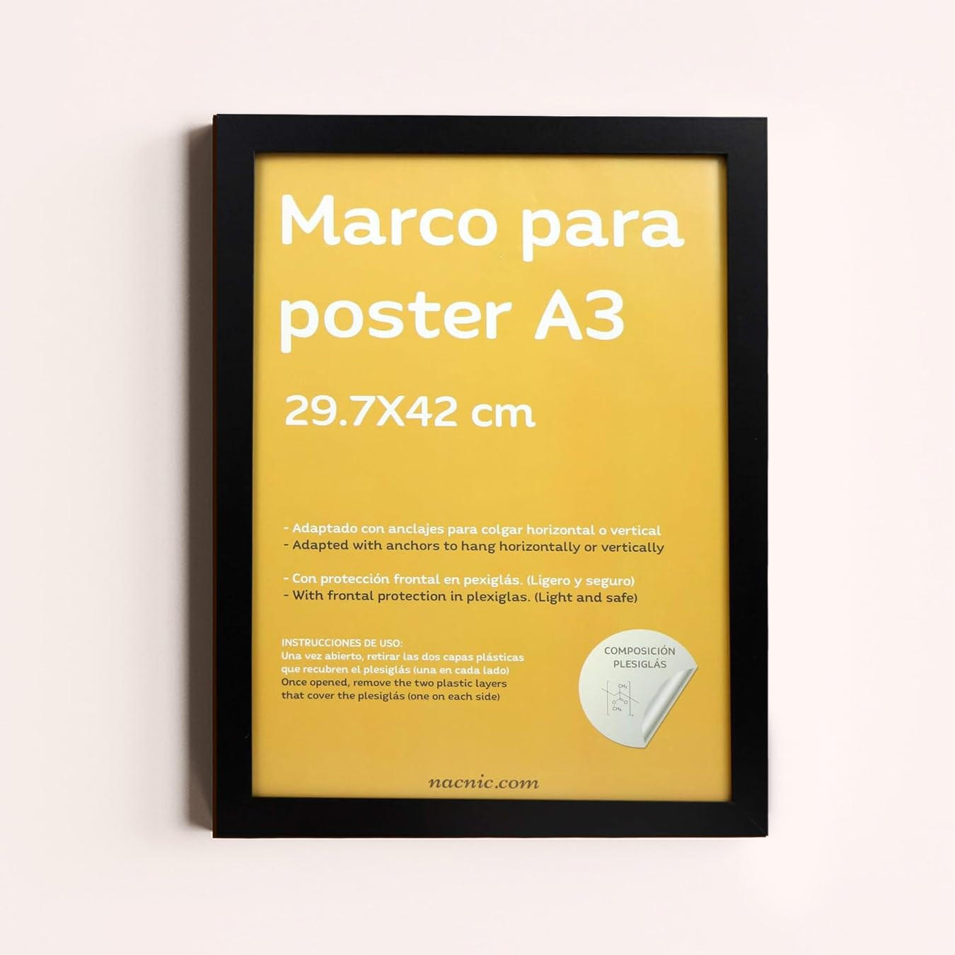 RAHMEN Set mit 4 aus MDF und Acrylglas Schutz und Aussteller für Fotografien, Bilder, Poster, Gemälde, Dekoration für Haus Farbe Schwarz A3 - Schwarz, Holz (29.7/3/42cm) - Nacnic