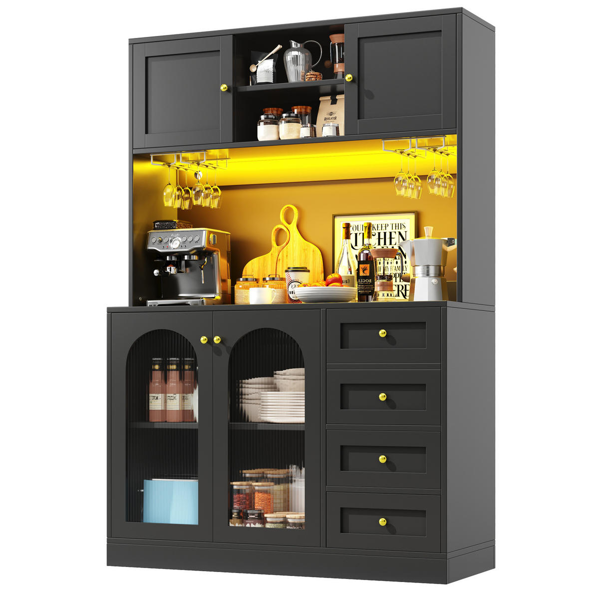 BUFFET 120/40/188 cm s LED osvětlením, úložnými policemi a protiskluzovým systémem, Černá - černá, kompozitní dřevo (120/188/40cm) - Redom