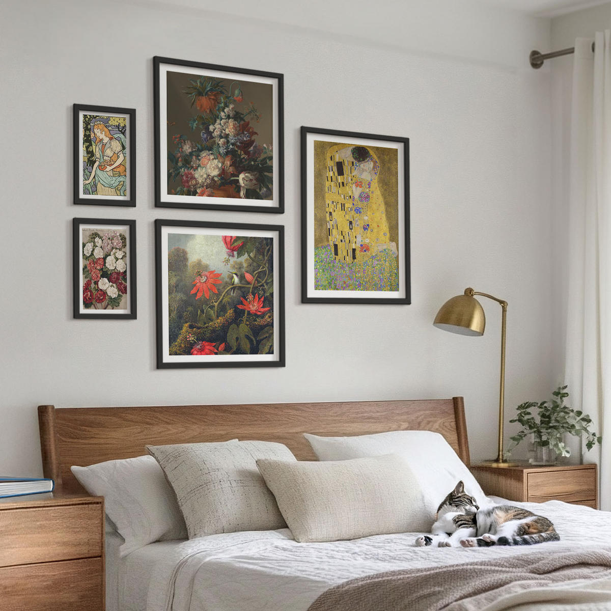 BILDER SET 5er Set - 50x50 cm & 20x30 cm & 40x60 cm Schwarzer Rahmen - Blumen des Baumes (Gemälde von Klimt) - Schwarz, Kunststoff (40/60cm) - TULUP