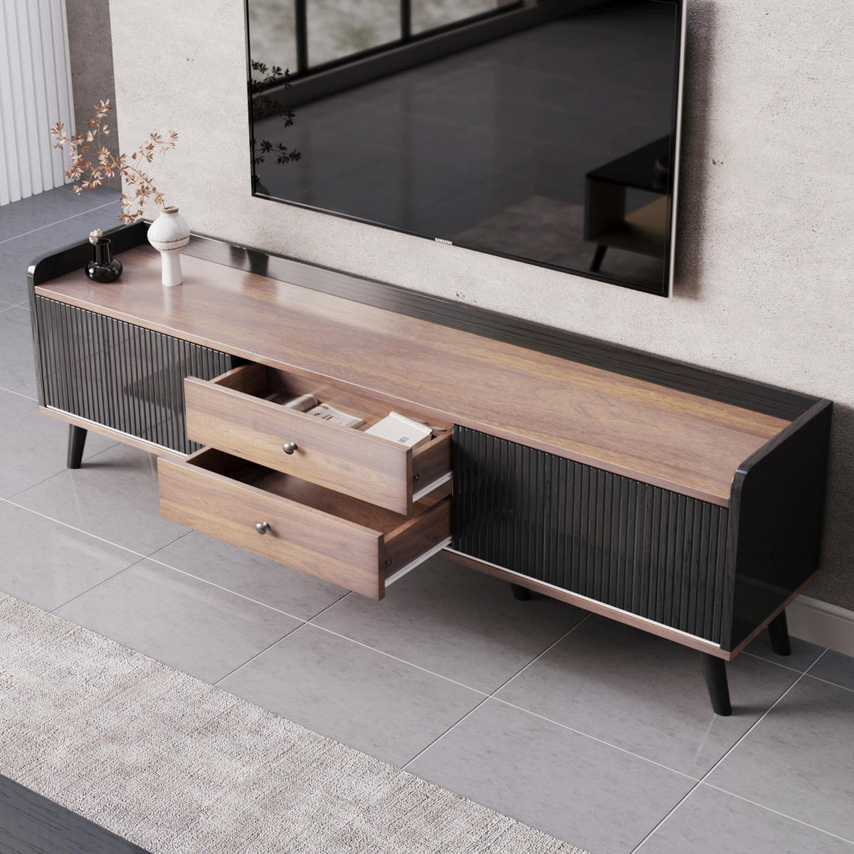 TV-MÖBEL Holz- und Schwarz-Effekt 160/40/58 cm - Schwarz, Holz (40/58/160cm) - Urban Meuble