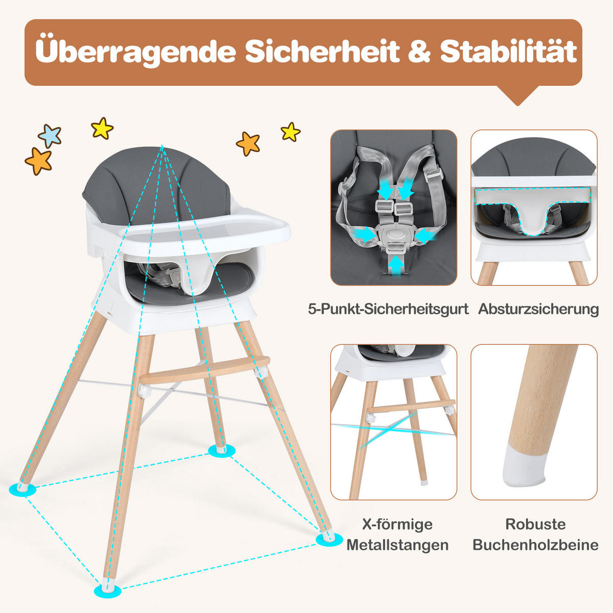 KINDERHOCHSTUHL mit PU-Kissen grau - Grau, Kunststoff (61/91.5/61cm) - COSTWAY
