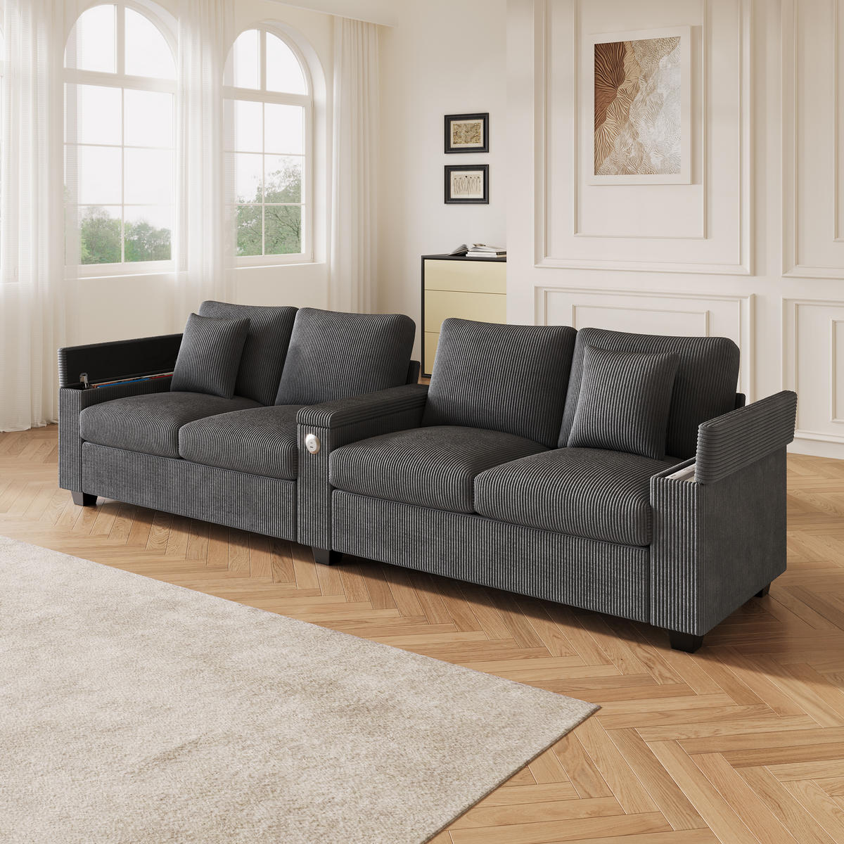 SOFA 4-Sitzer Cord Grau mit USB, USB-C und Stauraum - Grau, Holzwerkstoff/Kunststoff (299/82.7/80cm) - WISHDOR