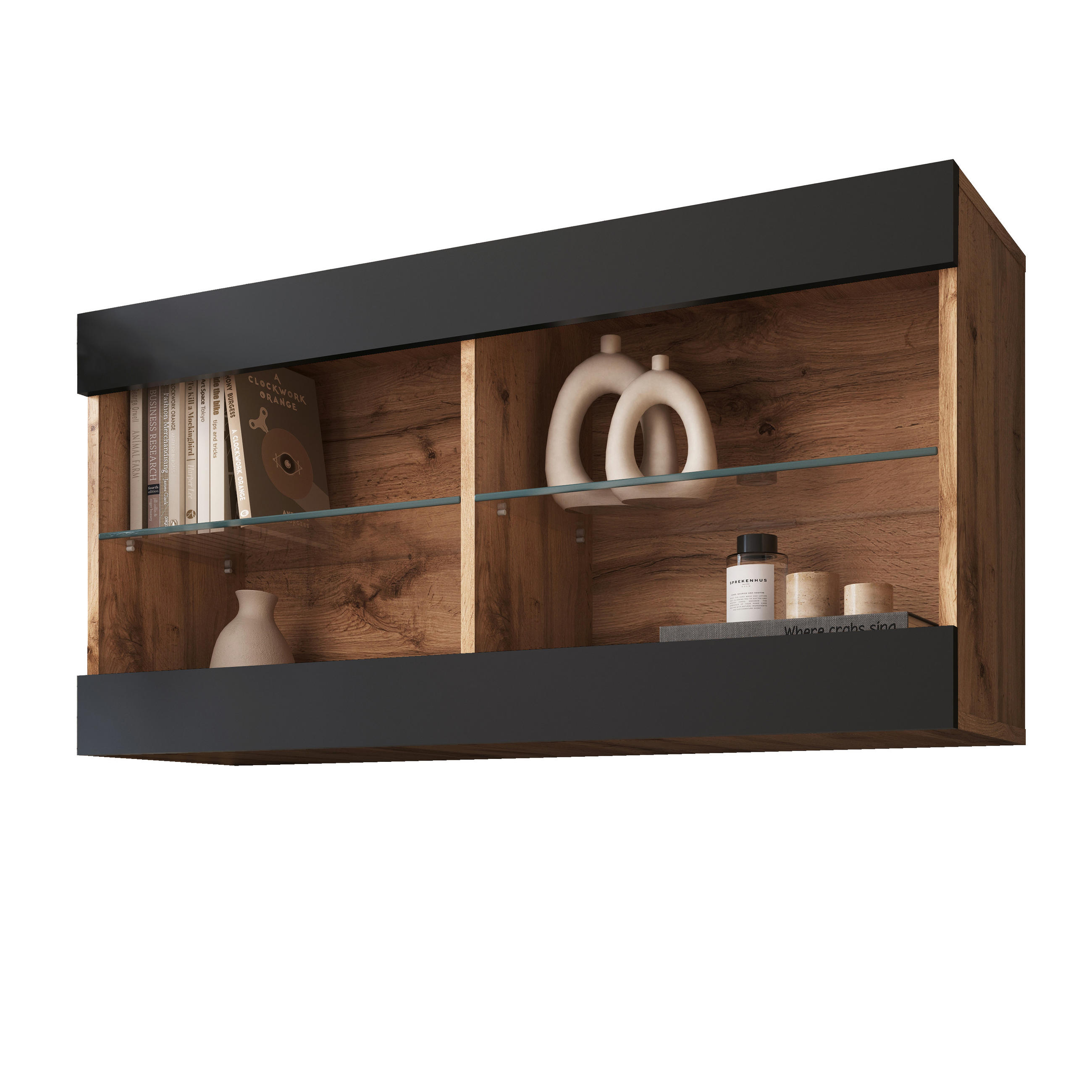 HÄNGEVITRINE TIVOLI HORIZONTAL 100, Schwarz - Eiche Wotan/Schwarz, Glas/Holzwerkstoff (100/50/29.5cm) - Komodee