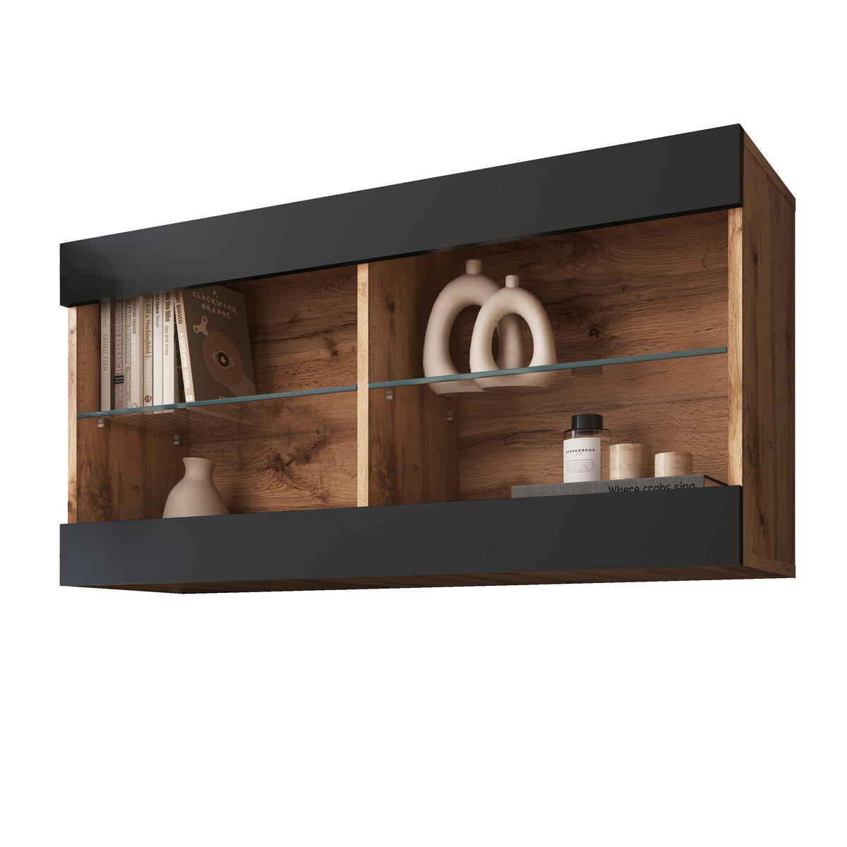HÄNGEVITRINE TIVOLI HORIZONTAL 100, Schwarz - Eiche Wotan/Schwarz, Glas/Holzwerkstoff (100/50/29.5cm) - Komodee