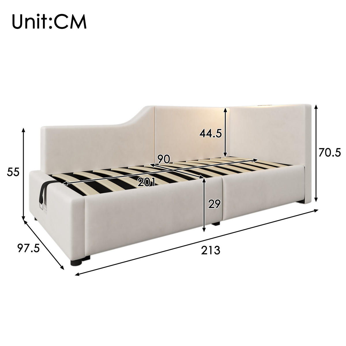 POLNJENA dnevna postelja iz žameta 90x200 cm bež s hidravličnim predalom, bralno lučko in USB-C priključkom - bež, tekstil (90/200cm) - Modfu