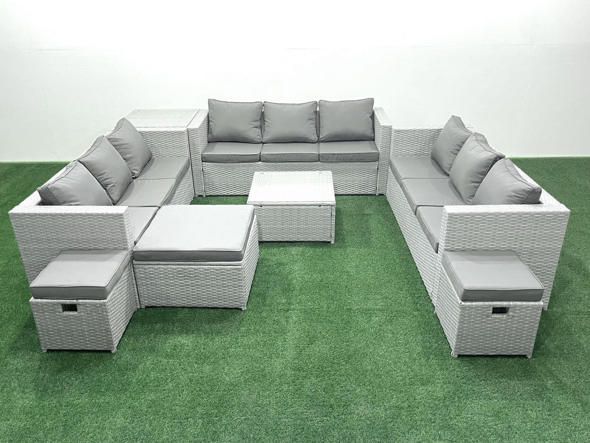 GARTENMÖBELSET mit 3-SITZER SOFA,COUCHTISCH Polyrattan Hellgrau-Mix 12-Sitzer - Hellgrau/Grau, Glas/Kunststoff - Fimous
