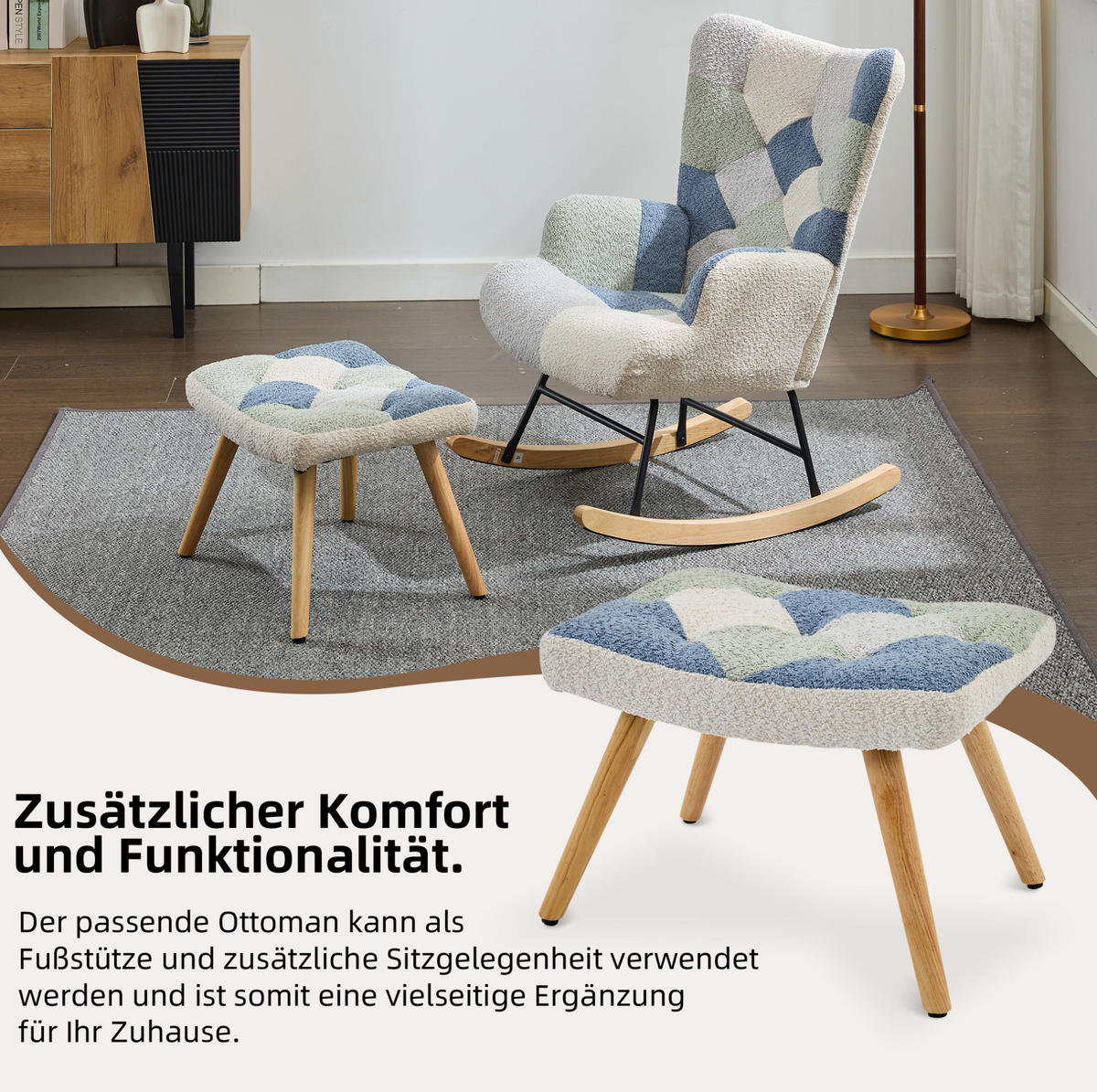 SCHAUKELSTUHL 122/68/91 cm in Beige/Blau mit Fußhocker und Wippfunktion - Multicolor, Textil (68/91/122cm) - Flora Grace
