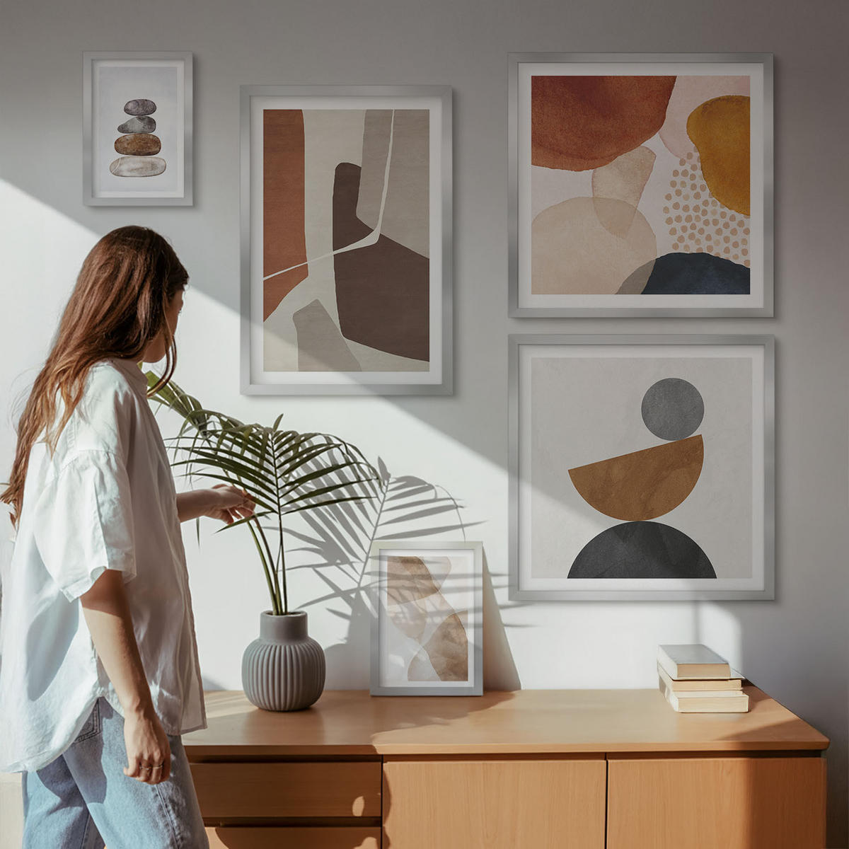 WANDBILDER 5er Set - 50x50 cm & 20x30 cm & 40x60 cm Silberner Rahmen - Abstrakte Malerei Dekorationen - Silberfarben, Kunststoff (40/60cm) - ArtPrintCave