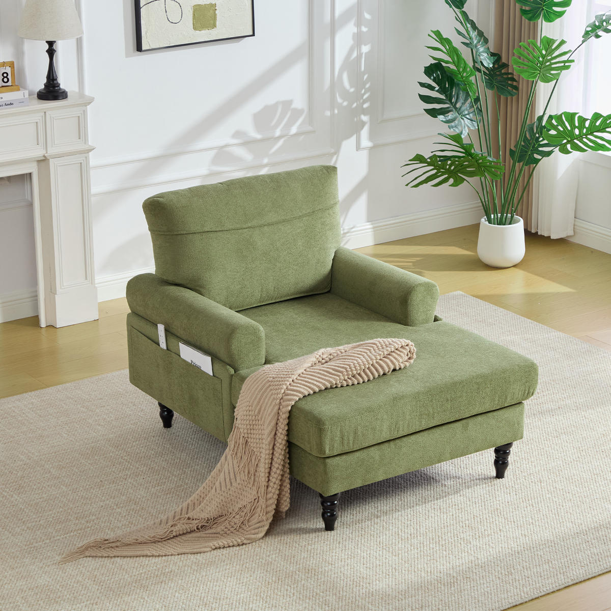 RELAXSESSEL Liege,hochdichte Polsterung,Seitentaschen,Chenille,Grün - Grün, Textil (97/86/125.5cm) - LVHOM