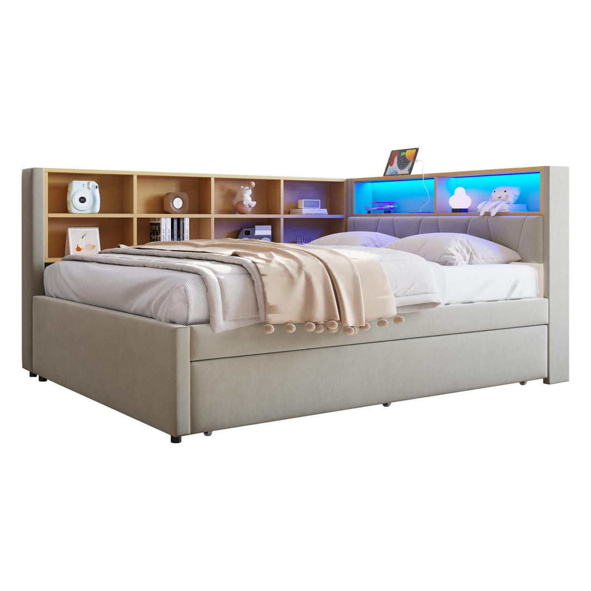 BETT Multifunktionales mit Ausziehbett 90/190 cm & LED-Beleuchtung Flanell Hellgrau 140/200 cm - Hellgrau, Textil (90/190cm) - OKWISH