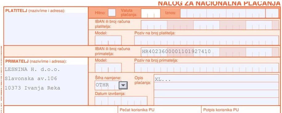 podaci za virmansku uplatu web shop Lesnina